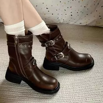 Women s Boots 2024 New Solid Color Hot-selling Autumn Belt Buckle Ankle Boots Thick-soled Boots Women s Trendy Handmade 35 чёрный
