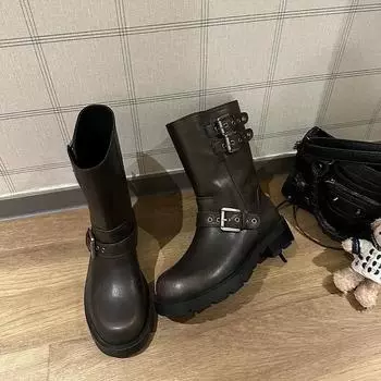 Women s Boots 2024 Spring and Autumn Hot Selling Round Head Solid Color Casual Low Heel Short Buckle Fashion Women s Boots 35 чёрный