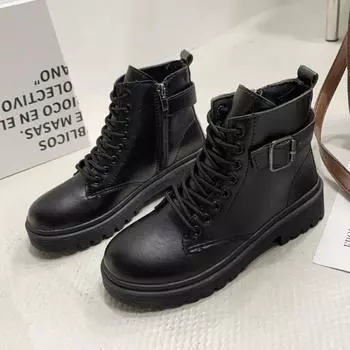 Women s Boots 2024 Winter Belt Buckle Thick Sole Anti Slip Ankle Boots Anti Cold Lace Up Platform Zipper Wear-resisting Boots 35 чёрный