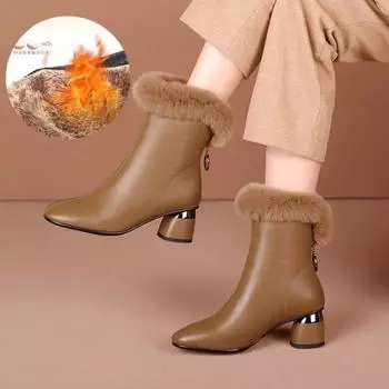 Женские ботинки 2025 года, зимние новые короткие ботинки в стиле ретро, теплые плюшевые, удобные, на молнии, на высоком каблуке, женская обувь для отдыха на открытом воздухе, Zapatos Mujer 35