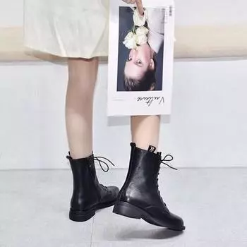 Women s boots autumn and winter new round head low heel Martin boots black first layer cowhide letter ribbon side zipper short boots 35