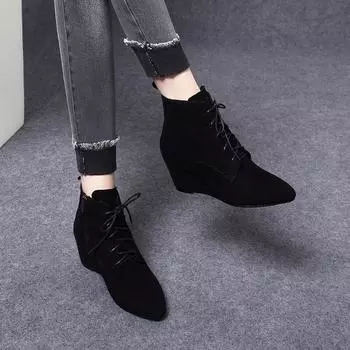 Women s boots autumn and winter new lace-up pointed fashion boots black matte sheepskin side zipper wedge heel short boots 35