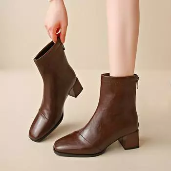 Women s Boots Autumn Boots-Women Shoes Winter Footwear Zipper Round Toe 2024 Rubber Ladies Med Rock Fabric Solid Rome Ankle Squa 34 чёрный