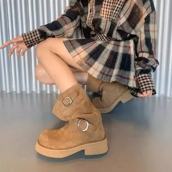 Women s Boots Autumn Comfort Anti Slip Wrinkled Motorcycle Boots Belt Buckle Fashion Outdoor Commuting Platform Short Boots 35