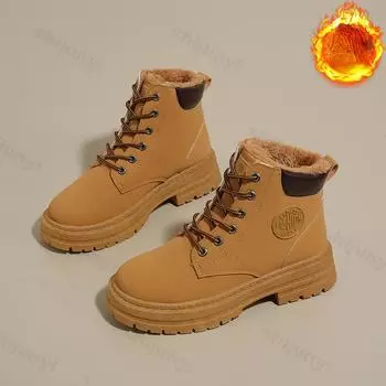 Women s Boots Autumn New High Top Workwear Boots British Style Plush Ankle Boots Ladies Thick Soled Lace Up Warm Waterproof Boot 35 чёрный