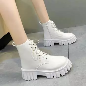 Women s Boots Autumn/Winter New Chunky Platform Ankle Boots British Style Pu Leather Thick Bottom Motorcycle Boots Booties Mujer 35 чёрный