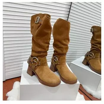 Women s Boots Chunky Heel Mid Calf Platform Casual Elegant Woman Heeled Shoes Round Toe Ladies Flock Boot Autumn Fashion 35