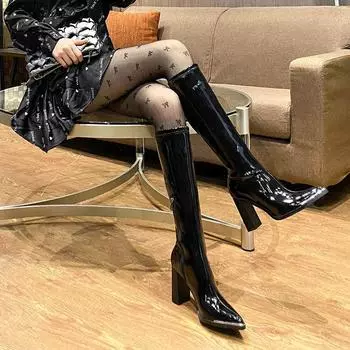 Women s Boots Long Footwear Winter Knee High Shaft Shoes for Woman Very Heel Square Toe Black 2024 Novelty Work Fashion New Rock 35