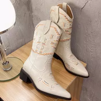 Women s Boots Retro Autumn Winter White Mid Calf Boots Big Size 42 Women Comfy Walking Female Western Cowboy Boot Women s Shoes 35