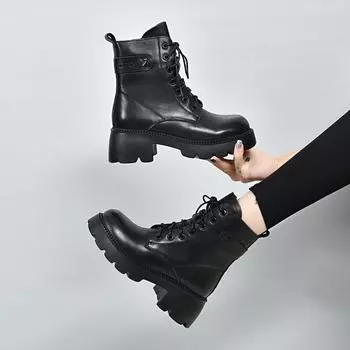 Women s boots thick-soled Martin boots autumn and winter new first-layer cowhide round head strap leather boots trendy locomotive boots short boots 35