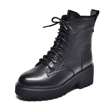 Women s boots winter new thick-soled leather boots black first-layer cowhide lace-up short boots casual muffin boots 35