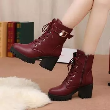 Women s Boots Winter Round Toe Thick Bottom Waterproof Platform High Heel Strap Lace Up Middle Ankle Boots Botas Mujer 35 бордовый
