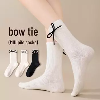 Women s Bow Mid-Tube Pile Socks - Spring/Fall 2024, Warm Winter Socks for Leather Shoes One Size