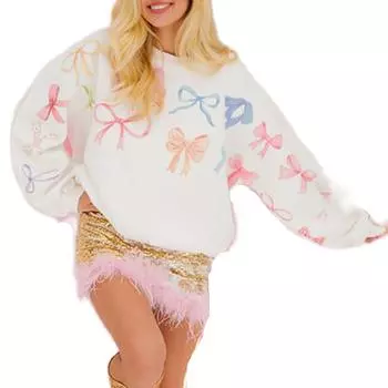 Женская толстовка с принтом банта, симпатичная, с длинным рукавом и круглым вырезом, свободный повседневный пуловер S белый