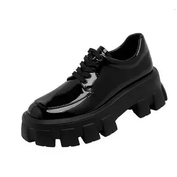 Women‘s British Style Leather Single Shoes Spring Autumn 2024 Loafer Shoes Retro Heightened Thick Bottom Platform Lace-up Shoes 33