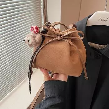 Женская сумка-ведро с бантом через плечо коричневого матового цвета, супер теплая, высококачественный шнур, нишевый дизайн, новинка на осень и зиму