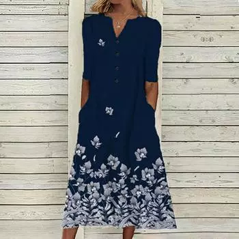 Women s Butterfly Floral Print Short Sleeve Midi Dress Casual V Neck Button Pockets Long Beach Dresses XXXL