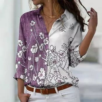 Women s Button Blouse Retro Long Sleeve Autumn Winter V-neck Tops Everyday Street Elegant New Design Printing Loose Size Shirt M синий