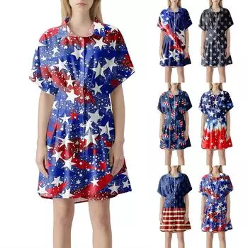 Women s Button Front Pleated Striped Shirt Dress Short Sleeve Pleated Shirt Independence Day Printed Summer Casual Short Dress M розовый