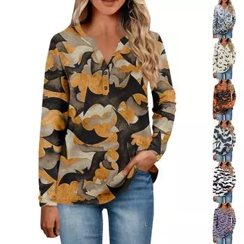 Женские топы с воротником на пуговицах, женские повседневные топы на каждый день, с длинным рукавом, с v-образным вырезом, модные рубашки с принтом, топы, футболки с карманами L оранжевый