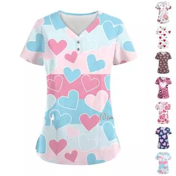Women s Button V Neck Fashion Casual ChristmasValentine s Day Print Tops Dry-nurse Top,Scrubs Tops For Women,2 Pockets XXXXXL