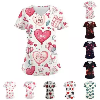 Women s Button V Neck Fashion Casual ChristmasValentine s Day Print Tops Dry-nurse Top,Scrubs Tops For Women,2 Pockets XXXXXL