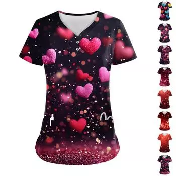 Women s Button V Neck Fashion Casual ChristmasValentine s Day Print Tops Dry-nurse Top,Scrubs Tops For Women,2 Pockets S