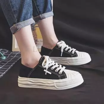 Women s Canvas Sneakers Dirty Shoes New Student Canvas Thick Dissolving Heels White Shoes Lace Up Sports Shoes for Women 35 чёрный