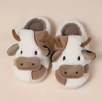Women s Cartoon Cow Warm Plush Slippers Couple New Winter Indoor Non-slip House Men Warm Thick Sole Home Cotton Fluffy Slippers 36-37 чёрный