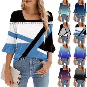 Women s Casual 3/4 Sleeve Tops Summer Square Neck Puff Sleeve T-shirt Geometric Gradient Print Tops XXL чёрный
