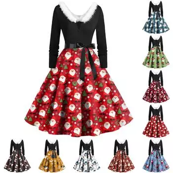 Женское повседневное и модное платье с длинными рукавами, плюшевым V-образным вырезом и рождественским принтом на молнии M