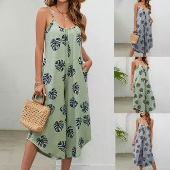 Женский повседневный и модный комбинезон с карманом на бретельках и цветочным принтом, укороченные брюки L зелёный