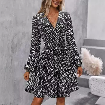 Women s Casual And Fashionable Long Sleeved R-neck Snowflake Print Dress L чёрный