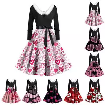 Женское повседневное и модное платье с длинными рукавами и V-образным вырезом, с принтом ко Дню святого Валентина, застегивающееся на молнию L чёрный