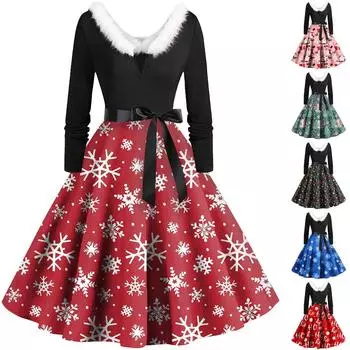 Женское повседневное и модное платье с длинными рукавами и V-образным вырезом с рождественским принтом на молнии XXL синий