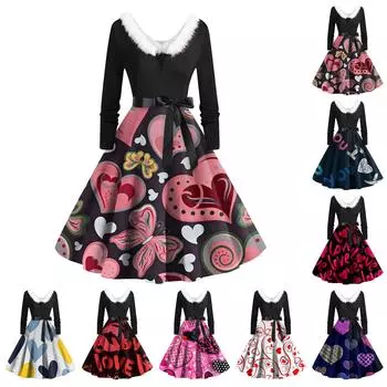 Женское повседневное и модное платье с длинными рукавами и V-образным вырезом, с принтом ко Дню святого Валентина, застегивающееся на молнию L чёрный