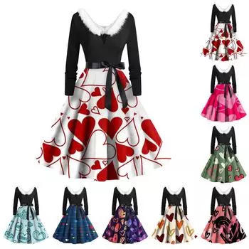 Женское повседневное и модное платье с длинными рукавами и V-образным вырезом, с принтом ко Дню святого Валентина, застегивающееся на молнию L синий