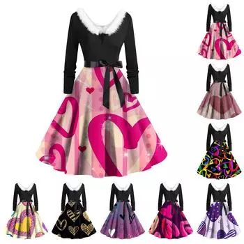 Женское повседневное и модное платье с длинными рукавами и V-образным вырезом, с принтом ко Дню святого Валентина, застегивающееся на молнию L чёрный