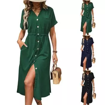 Women s Casual And Fashionable Solid Color V-Neck Pocket Button Drawstring Short Sleeved Dress M чёрный