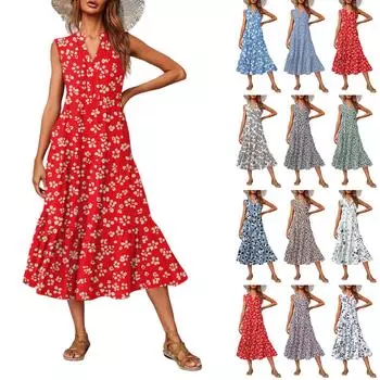 Women s Casual And Fashionable V-neck Sleeveless Printing Mid Length Dress M красный