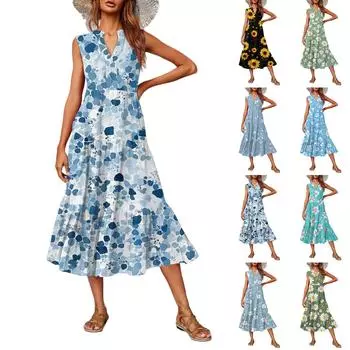 Women s Casual And Fashionable V-neck Sleeveless Printing Mid Length Dress S чёрный