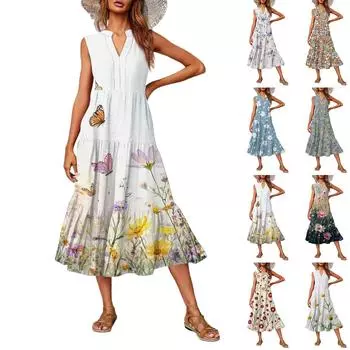Women s Casual And Fashionable V-neck Sleeveless Printing Mid Length Dress M коричневый