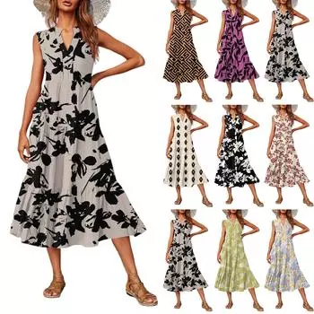 Women s Casual And Fashionable V-neck Sleeveless Printing Mid Length Dress S чёрный