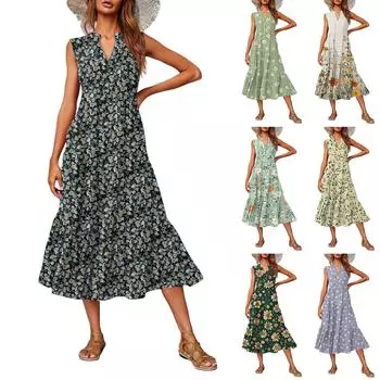 Women s Casual And Fashionable V-neck Sleeveless Printing Mid Length Dress XL