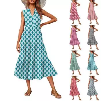 Women s Casual And Fashionable V-neck Sleeveless Printing Mid Length Dress XXL