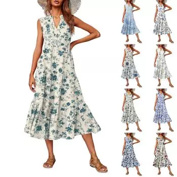 Women s Casual And Fashionable V-neck Sleeveless Printing Mid Length Dress M фиолетовый