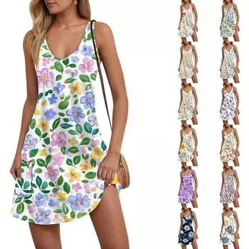 Women s Casual Botanical Floral Print V-Neck Tank Sleeveless Dress Pockets Beach Dress S бежевый