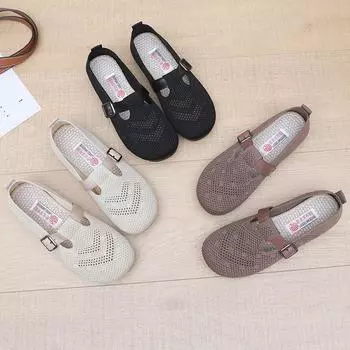 Women’s Casual Breathable Mesh Shoes Lady’s Fashion Solid Hollow Flats Shoes Slip-on Comfortable Chunky Shoes for Summer 35 грязно-белый