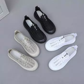 Women’s Casual Breathable Mesh Sneakers Fashion Hollow Lace Up Flats Shoes Slip-on Comfortable Chunky Sneakers 35 чёрный