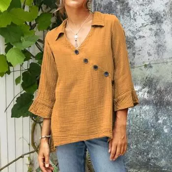 Women s Casual Button V-neck Shirt Top S белый